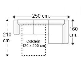 Sofá 2,5 plazas apertura italiana colchón 120 x 200 cm. y chaise longue arcón izquierdo brazos reducidos