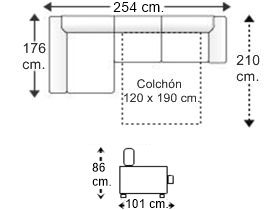 Sofá 2,5 plazas cama apertura italiana colchón de 120 x 190 cm. y chaise longue arcón derecha