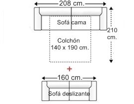 Conjunto sofá 3 plazas con cama apertura italiana y colchón de 140 x 190 cm. + sofá 2 plazas asientos deslizantes