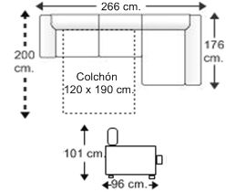 Sofá 2,5 plazas con cama apertura italiana colchón 120 x 190 cm. y chaise longue arcón izquierda