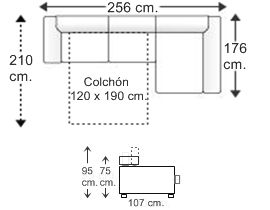 Sofá 2,5 plazas con cama apertura italiana colchón de 120 x 190 cm. y chaise longue arcón izquierda brazos reducidos