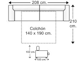 Sofá 3 plazas con cama apertura italiana y colchón de 140 x 190 cm