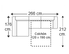 Sofá 2,5 plazas con cama apertura italiana colchón de 120 x 190 cm. y chaise longue arcón brazos 22 cm. izquierda