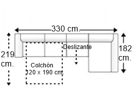 Sofá 4 plazas con cama apertura italiana colchón de 120 x 190 cm. asiento deslizante y chaise longue izquierda brazos rectos