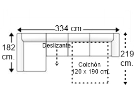 Sofá 4 plazas con cama apertura italiana colchón de 120 x 190 cm. asiento deslizante y chaise longue derecha brazos siesta y arcón