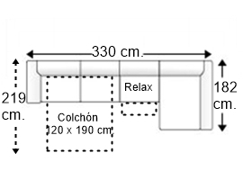 Sofá 4 plazas con cama apertura italiana colchón de 120 x 190 cm. asiento relax y chaise longue izquierda brazos rectos
