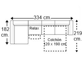 Sofá 4 plazas con cama apertura italiana colchón de 120 x 190 cm. asiento relax y chaise longue derecha brazos siesta y arcón