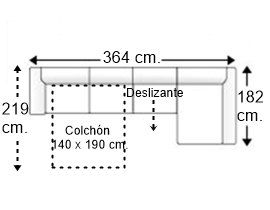 Sofá 5 plazas con cama apertura italiana colchón de 140 x 190 cm. asiento deslizante y chaise longue izquierda brazos siesta y arcón