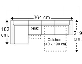 Sofá 5 plazas con cama apertura italiana colchón de 140 x 190 cm. asiento relax y chaise longue dercha brazos siesta y arcón