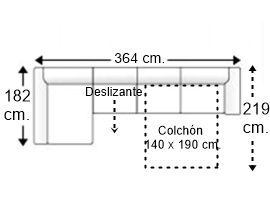 Sofá 5 plazas con cama apertura italiana colchón de 140 x 190 cm. asiento deslizante y chaise longue derecha brazos siesta y arcón