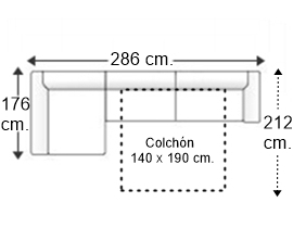 Sofá 3 plazas con cama apertura italiana colchón de 140 x 190 cm. y chaise longue brazos arcón 22 cm. derecha