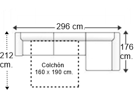 Sofá 3,5 plazas con cama apertura italiana colchón de 160 x 190 cm. y chaise longue brazos fijos 17 cm. izquierda