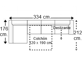Sofá 4 plazas con cama apertura italiana colchón de 120 x 190 cm., asiento deslizante y chaise longue brazos arcón 22 cm. derecha