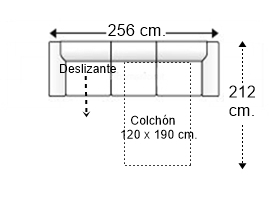 Sofá 4 plazas con cama apertura italiana colchón de 120 x 190 cm. + asiento deslizante brazos siesta y arcón derecha
