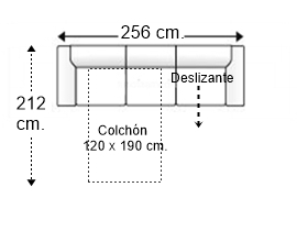 Sofá 4 plazas con cama apertura italiana colchón de 120 x 190 cm. + asiento deslizante brazos siesta y arcón izquierda