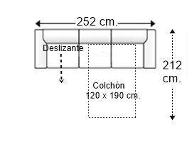 Sofá 4 plazas con cama apertura italiana y colchón de 120 x 190 cm. + asiento deslizante brazos rectos derecha