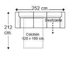Sofá 4 plazas con cama apertura italiana y colchón de 120 x 190 cm. + asiento deslizante brazos rectos izquierda