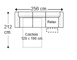 Sofá 4 plazas con cama apertura italiana colchón de 120 x 190 cm. + asiento relax brazos siesta y arcón izquierda