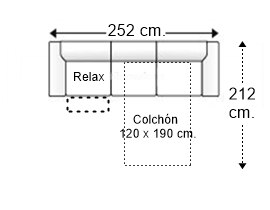 Sofá 4 plazas con cama apertura italiana y colchón de 120 x 190 cm. + asiento relax brazos rectos derecha