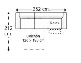Sofá 4 plazas con cama apertura italiana y colchón de 120 x 190 cm. + asiento relax brazos rectos izquierda