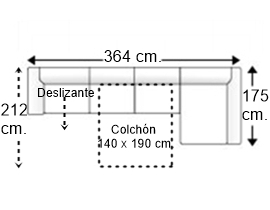 Sofá 5 plazas con cama apertura italiana colchón de 140 x 190 cm., asiento deslizante y chaise longue brazos arcón 22 cm. izquierda