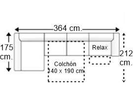 Sofá 5 plazas con cama apertura italiana colchón de 140 x 190 cm., asiento relax motor y chaise longue brazos arcón 22 cm. derecha