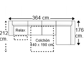 Sofá 5 plazas con cama apertura italiana colchón de 140 x 190 cm., asiento relax motor y chaise longue brazos arcón 22 cm. izquierda