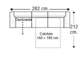 Sofá 5 plazas con cama apertura italiana y colchón de 140 x 190 cm. + asiento deslizante brazos rectos derecha