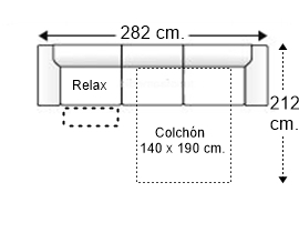 Sofá 5 plazas con cama apertura italiana y colchón de 140 x 190 cm. + asiento relax brazos rectos derecha
