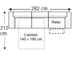 Sofá 5 plazas con cama apertura italiana y colchón de 140 x 190 cm. + asiento relax brazos rectos izquierda
