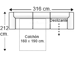 Sofá 5,5 plazas con cama apertura italiana colchón de 160 x 190 cm. + asiento deslizante brazos siesta y arcón izquierda