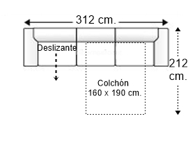 Sofá 5,5 plazas con cama apertura italiana y colchón de 160 x 190 cm. + asiento deslizante brazos rectos derecha