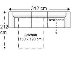Sofá 5,5 plazas con cama apertura italiana y colchón de 160 x 190 cm. + asiento deslizante brazos rectos izquierda