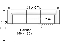 Sofá 5,5 plazas con cama apertura italiana colchón de 160 x 190 cm. + asiento relax brazos siesta y arcón izquierda