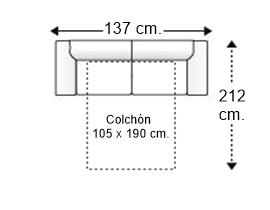 Sofá 2 plazas con cama apertura italiana y colchón de 105 x 190 cm. grosor 15 cm.