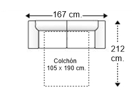 Sofá 2 plazas con cama apertura italiana y colchón de 105 x 190 cm. grosor 15 cm.