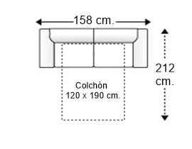 Sofá 2,5 plazas con cama apertura italiana y colchón de 120 x 190 cm. grosor 15 cm.