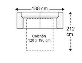 Sofá 2,5 plazas con cama apertura italiana y colchón de 120 x 190 cm. grosor 15 cm.