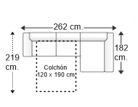 Sofá 2,5 plazas con cama apertura italiana colchón de 120 x 190 cm. y chaise longue izquierda brazos rectos