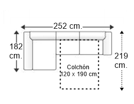Sofá 2,5 plazas con cama apertura italiana colchón de 120 x 190 cm. y chaise longue derecha brazos rectos reducidos