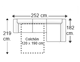 Sofá 2,5 plazas con cama apertura italiana colchón de 120 x 190 cm. y chaise longue izquierda brazos rectos reducidos