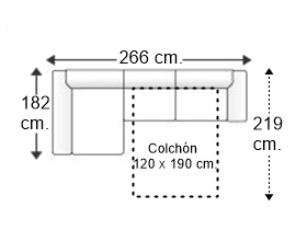 Sofá 2,5 plazas con cama apertura italiana colchón de 120 x 190 cm. y chaise longue derecha brazos siesta y arcón