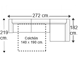 Sofá 3 plazas con cama apertura italiana colchón de 140 x 190 cm. y chaise longue izquierda brazos rectos reducidos