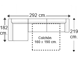 Sofá 3,5 plazas con cama apertura italiana colchón de 160 x 190 cm. y chaise longue derecha brazos rectos reducidos