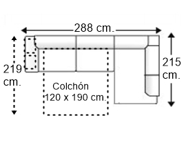 Sofá esquinero 3,5 plazas con cama apertura italiana colchón de 120 x 190 cm. y brazo 2 pouf izquierda