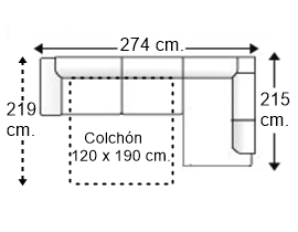 Sofá esquinero 3,5 plazas con cama apertura italiana colchón de 120 x 190 cm. y brazo recto izquierda