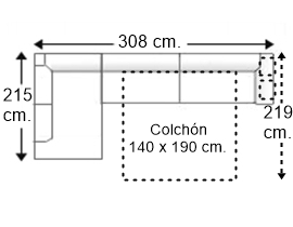 Sofá esquinero 4 plazas con cama apertura italiana colchón de 140 x 190 cm. brazo 2 pouf derecha