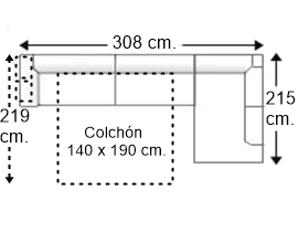 Sofá esquinero 4 plazas con cama apertura italiana colchón de 140 x 190 cm. y brazo 2 pouf izquierda