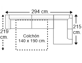 Sofá esquinero 4 plazas con cama apertura italiana colchón de 140 x 190 cm. y brazo recto izquierda