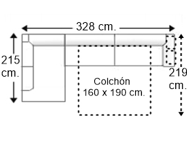 Sofá esquinero 4,5 plazas con cama apertura italiana colchón de 160 x 190 cm. brazo 2 pouf derecha
